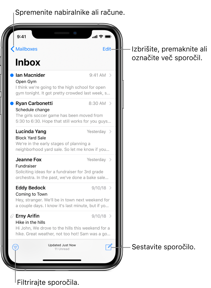 Zaslon nabiralnika, na katerem je prikazan seznam e-poštnih sporočil. Gumb »Mailboxes« za preklapljanje med nabiralniki je v zgornjem levem kotu. Gumb »Edit« za brisanje, premikanje ali označevanje e-poštnih sporočil je v zgornjem desnem kotu. Gumb za filtriranje e-poštnih sporočil, ki omogoča prikaz le določenih vrst e-poštnih sporočil, je v spodnjem levem kotu. Gumb za ustvarjanje novega e-poštnega sporočila je v spodnjem desnem kotu.