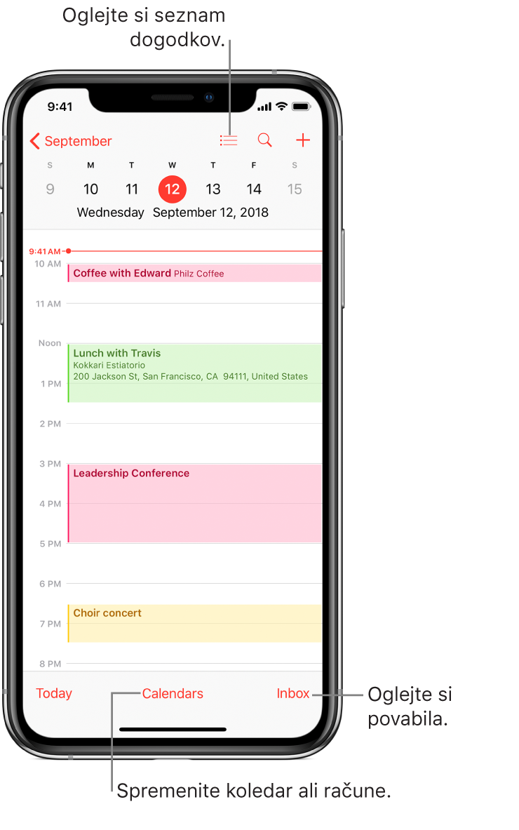 Koledar v dnevnem pogledu, ki prikazuje dogodke določenega dne. Tapnite gumb »Calendars« na spodnjem delu zaslona, da spremenite račun koledarja. Tapnite gumb »Inbox« v spodnjem desnem kotu zaslona, da si ogledate vabila.