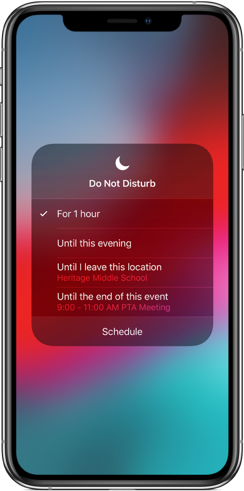 Një ekran që tregon opsionet për aktivizimin e Do Not Disturb për një orë, deri në mbrëmje, deri sa të largoheni nga një vendndodhje apo deri në fund të një ngjarjeje.