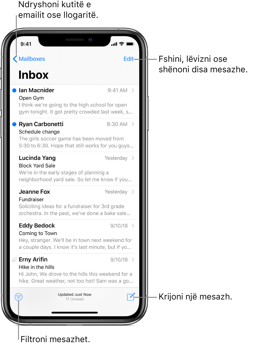 Kutia hyrëse që shfaq një listë të emaileve. Butoni Mailboxes për të kaluar te një kuti postare tjetër në këndin lart majtas. Butoni Edit për fshirjen, zhvendosjen ose shënimin e emaileve është në këndin lart djathtas. Butoni për filtrimin e emaileve që të shfaqen vetëm lloje të caktuara të emaileve është në këndin poshtë majtas. Butoni për kompozimin e një emaili të ri është në këndin poshtë djathtas