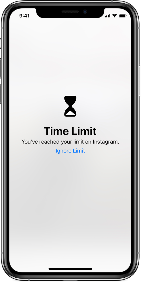 Një ekran që tregon sinjalizim Time Limit se keni shpenzuar një orë në Instagram sot. Poshtë sinjalizimit është një buton Ignore Limit.