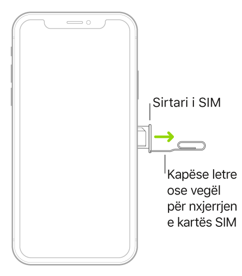 Një kapëse letre ose mjeti i nxjerrjes së SIM futet në vrimën e vogël të mbajtëses në anën e djathtë të iPhone për të nxjerrë e hequr mbajtësen.