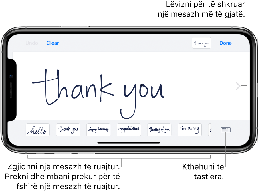 Ekrani i shkrimit të dorës me një mesazh me shkrim dore. Në fund, nga e majta në të djathtë, ndodhen mesazhet e ruajtura dhe butoni Show Keyboard.