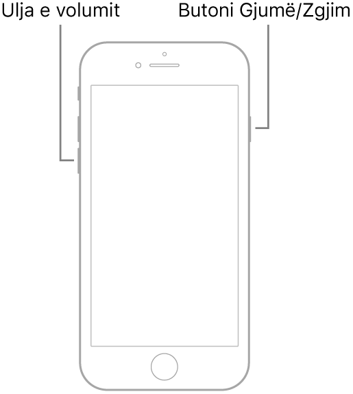 Një ilustrim i iPhone 7 me ekranin e kthyer lart. Butoni i volumit poshtë shfaqet në anën e majtë të pajisjes dhe butoni Sleep/Wake shfaqet në të djathtë.