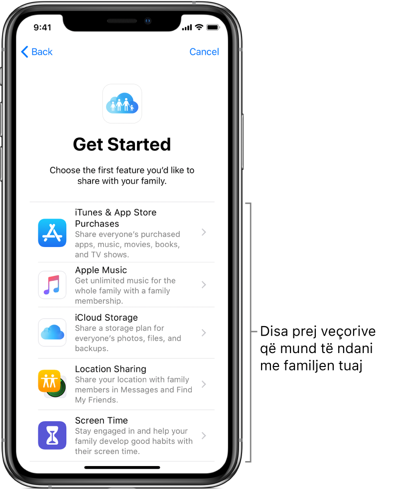 Ekrani Get Started për konfigurimin e Family Sharing. Tregon pesë funksionet që mund të filloni të ndani me grupin e familjes: blerjet në iTunes dhe App Store, Apple Music, iCloud Storage, Location Sharing dhe Screen Time.