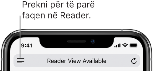 Fusha e adresës në Safari, me butonin Reader në të majtë.