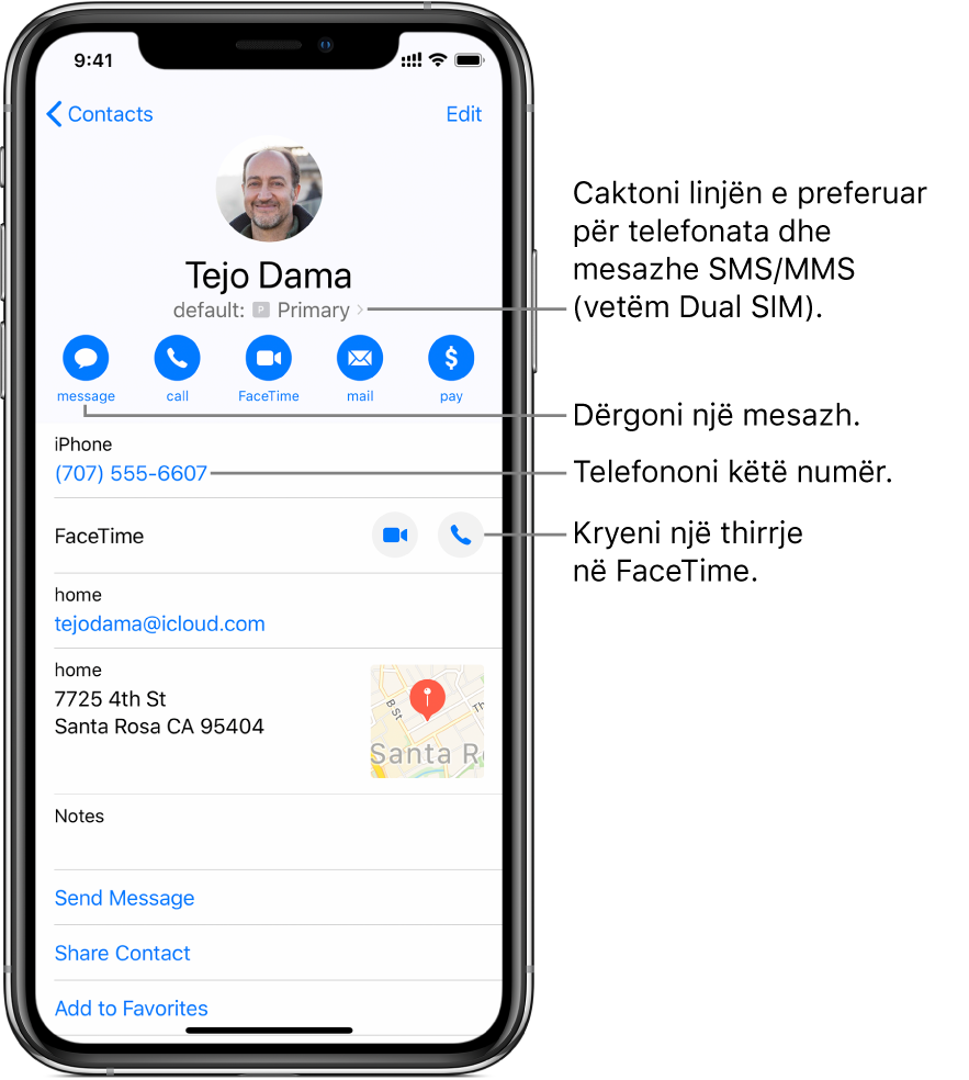 Ekrani i informacionit për një kontakt. Lart ndodhet emri dhe fotografia e kontaktit. Poshtë ndodhen butonat për dërgimin e një mesazhi, kryerjen e një telefonate, kryerjen e një telefonata FaceTime, si dhe dërgimin e një mesazhi emaili. Poshtë butonave ndodhet informacioni i kontaktit.