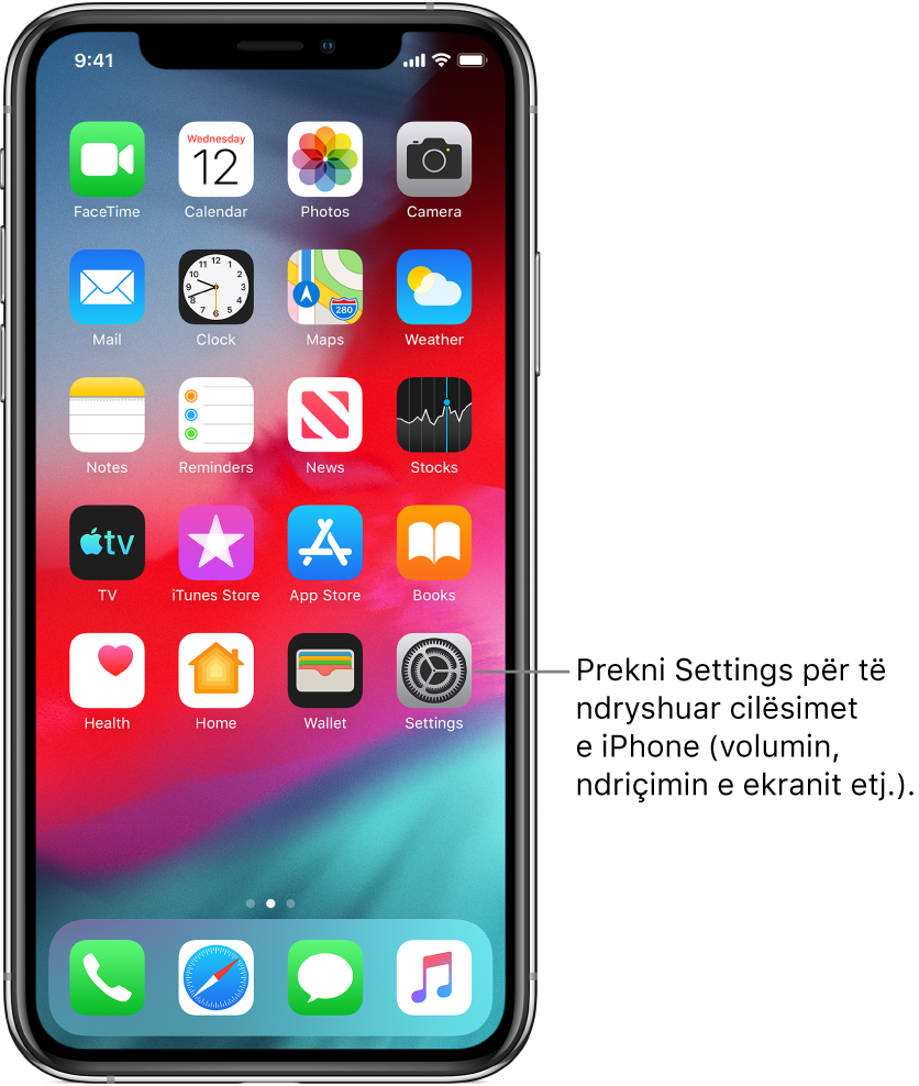 Ekrani Home me disa ikona, duke përfshirë ikonën Settings, të cilën mund ta prekni për të ndryshuar volumin, ndriçimin e ekranit etj. në iPhone tuaj.