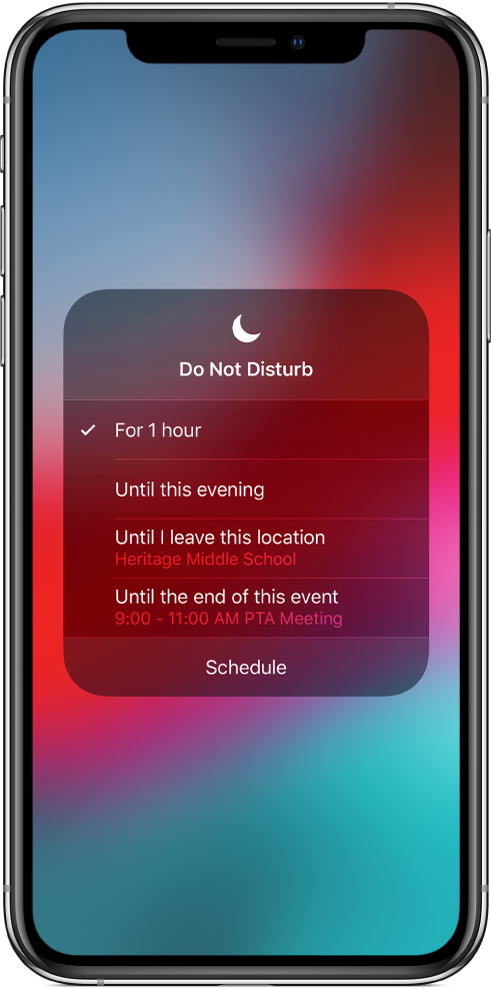Екран на ком су приказане опције за укључивање функције Do Not Disturb на један сат, све до вечери, све док не напустите локацију или до краја догађаја.