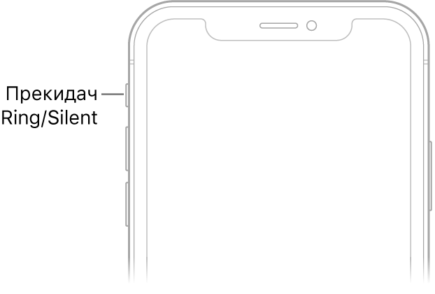 Горњи део предње стране iPhone-а са облачићем који указује на прекидач Ring/Silent.