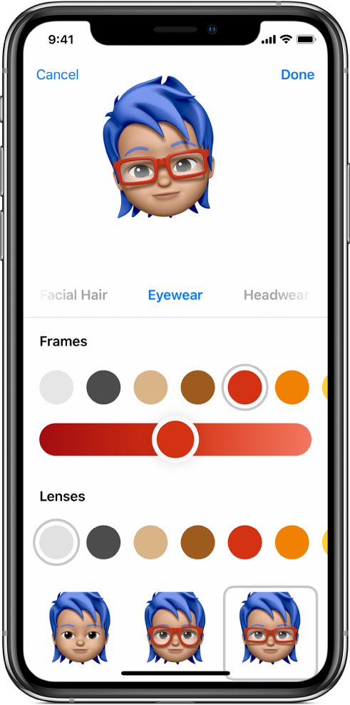 Екран апликације Messages на ком је приказано креирање Memoji лика.