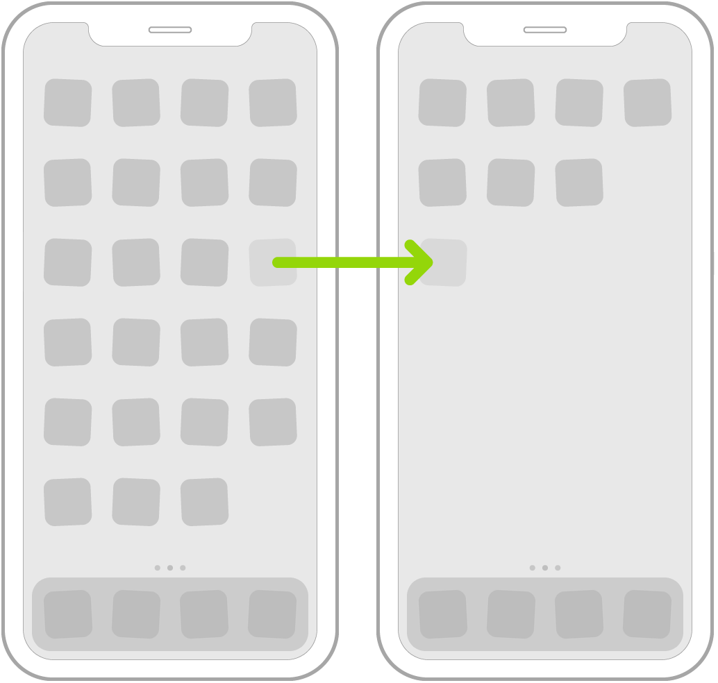 Иконе које поскакују на екрану Home и стрелица која показује на једну икону апликацију која је превучена на следећу страницу.