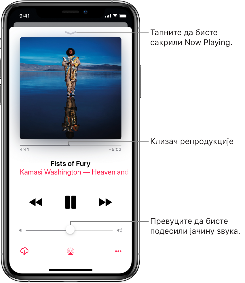 Екран Now Playing са приказом омота албума. Испод су приказани глава за репродукцију, наслов нумере, назив извођача и албума, контроле за репродукцију, клизач Volume и дугмад Download, Playback Destination и More. Дугме Hide Now Playing налази се при врху.