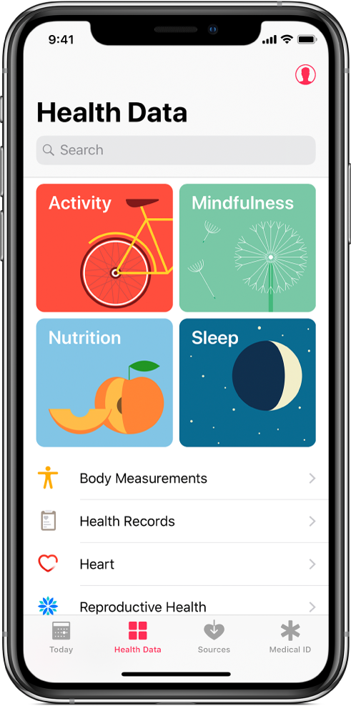 Екран Health Data у апликацији Health на ком су приказане категорије Activity, Mindfulness, Nutrition и Sleep. Дугме Profile се налази у горњем десном углу. У доњем делу, слева надесно, налазе се картице Health Data, Sources и Medical ID.