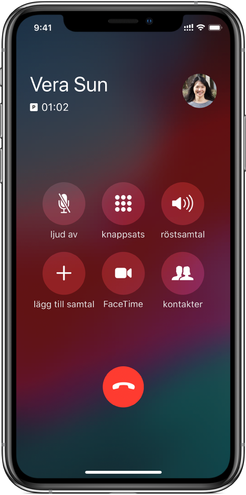 Telefon-skärmen med alternativknappar under samtal. Från vänster till höger på övre raden finns knapparna för ljud av, knappsats och högtalare. Från vänster till höger på undre raden finns knappen för att lägga till samtal, FaceTime-knappen och kontaktknappen.