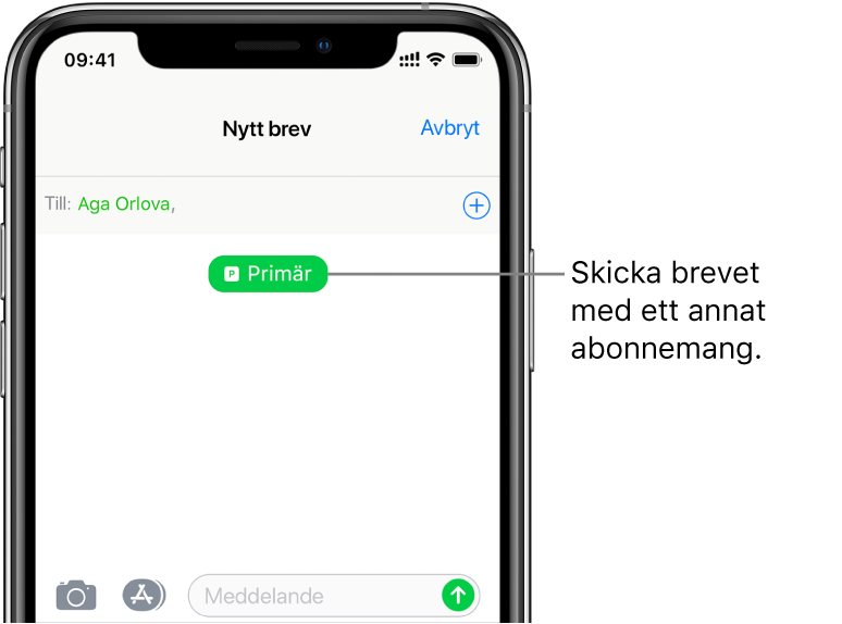 Skärmen Meddelanden för en ny SMS- eller MMS-konversation. Om du vill skicka meddelandet via den andra linjen trycker du på linjeknappen under mottagaren.