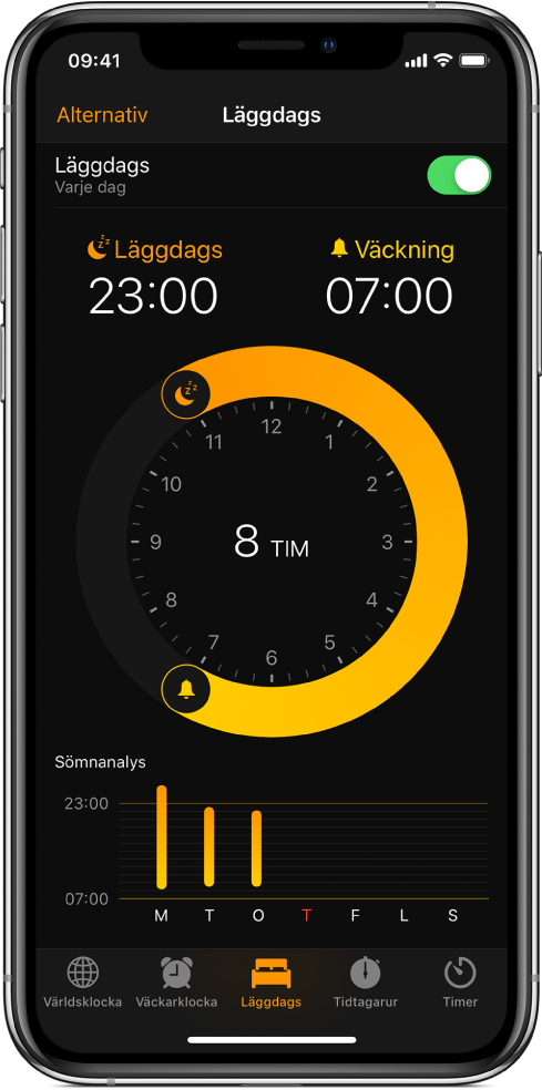 Knappen Läggdags är vald i appen Klocka och visar läggdags kl. 23:00 samt väckning inställd på kl. 07:00.