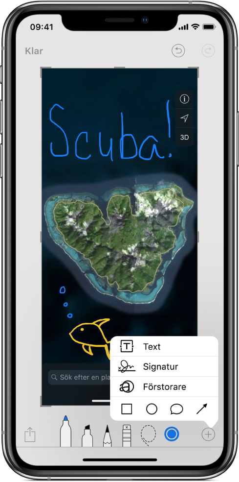 En kartbild har kommentarer i blå och gul handskrift. Ritverktyg och färgväljaren visas längst ned på skärmen. En meny med alternativ för att lägga till text, signaturer, förstoringsglas eller former visas i det nedre högra hörnet.