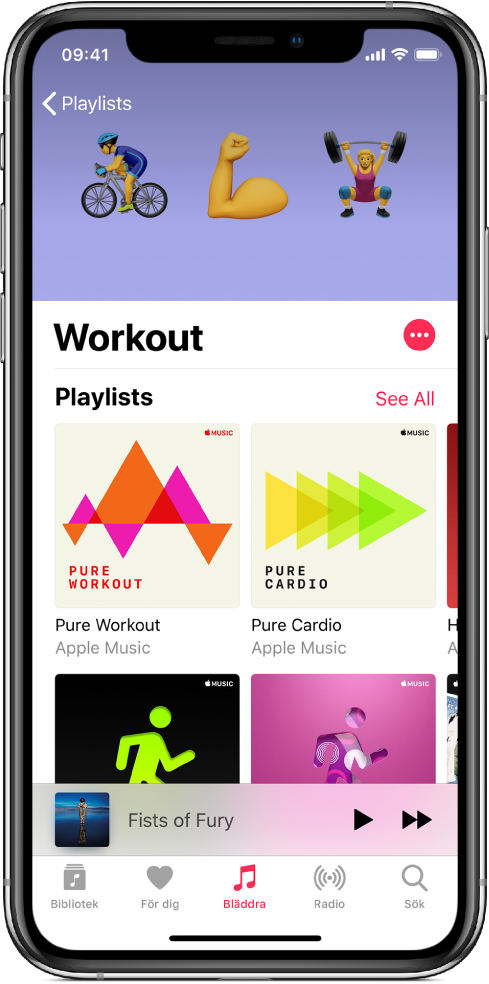 En skärm med en spellista i Apple Music som visar vilka spellistor som är tillgängliga för Träning. Längst ned på skärmen finns knappar för Apple Music, från vänster till höger: Bibliotek, För dig, Bläddra, Radio och Sök. Knappen Bläddra väljs.