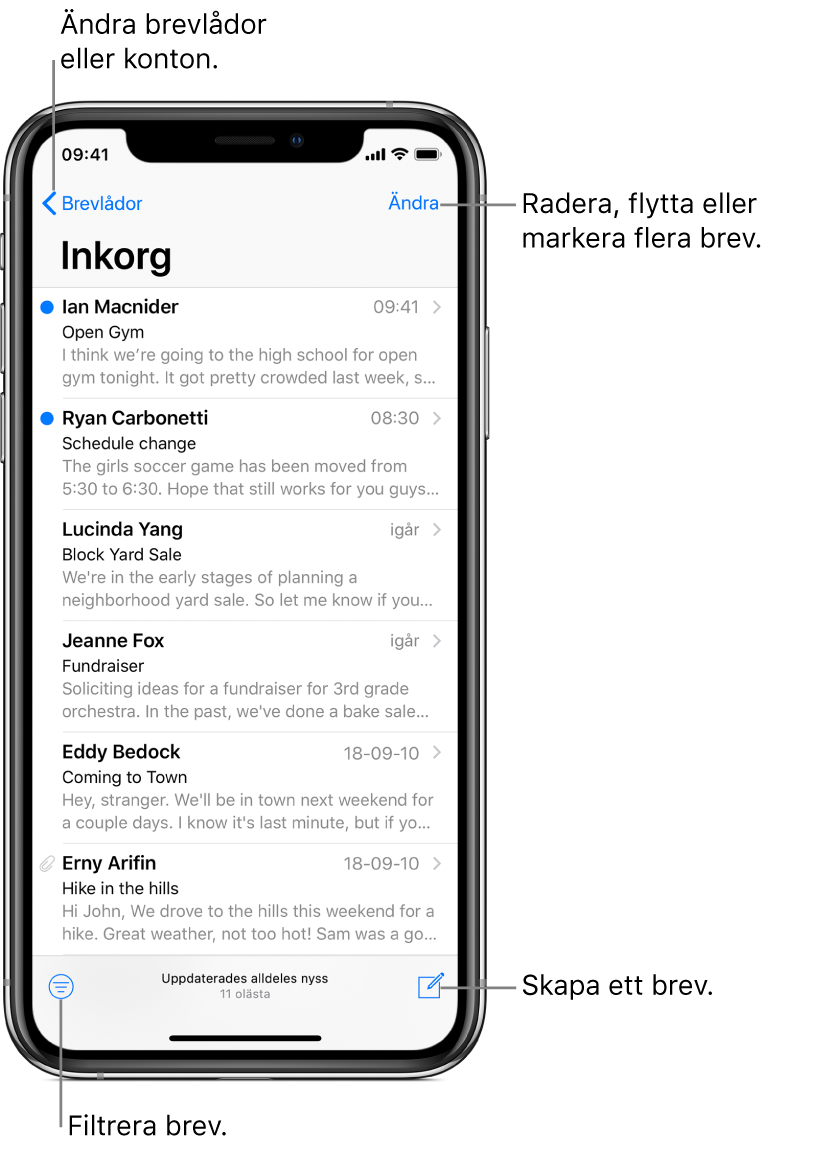 Inkorgen med en lista över brev. I det övre vänstra hörnet finns brevlådeknappen för att byta till en annan brevlåda. I det övre högra hörnet finns knappen Ändra för att radera, flytta eller märka brev. I det nedre vänstra hörnet finns knappen för att filtrera brev så att endast vissa typer av brev visas. I det nedre högra hörnet finns knappen för att skriva ett nytt e-brev.