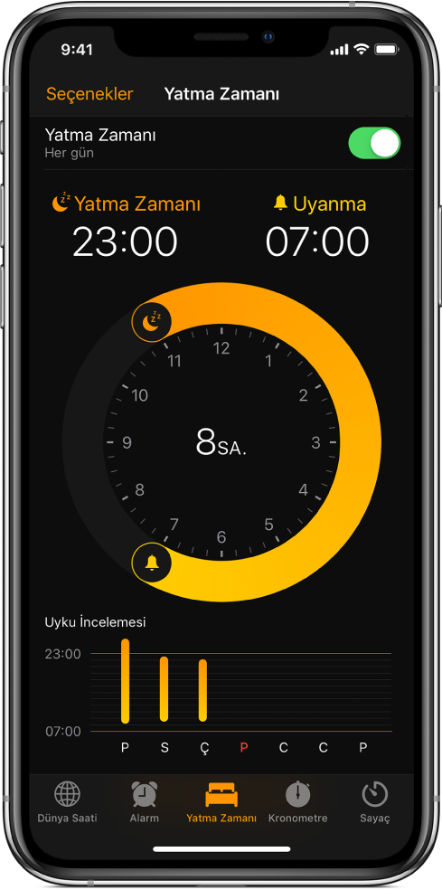Saat uygulamasında Yatma Zamanı düğmesi seçili ve saat 23’te başlayan uyku zamanı ve saat 7’ye ayarlanmış uyanma zamanı gösteriliyor.