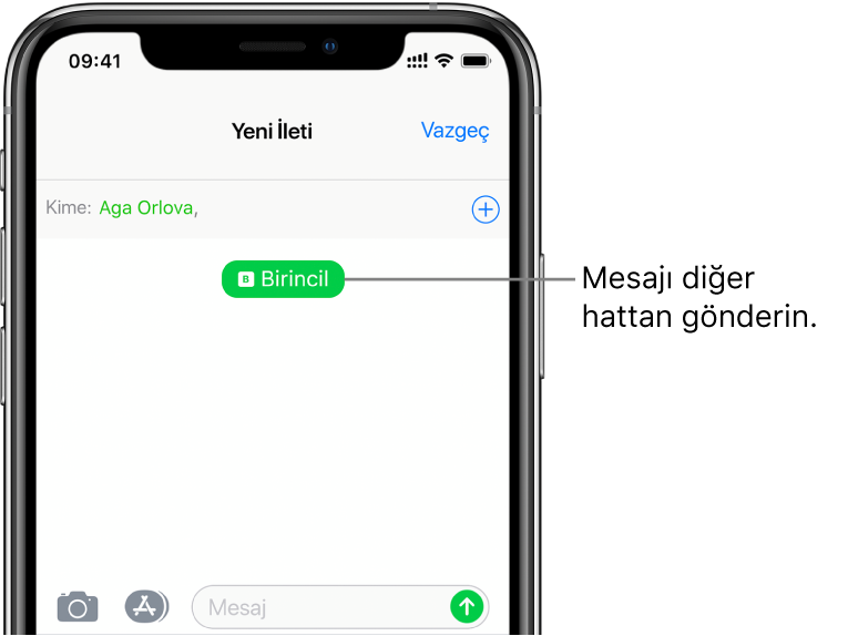 Yeni SMS/MMS yazışması için Mesajlar ekranı. Mesajı diğer hattan göndermek için alıcının altındaki hat düğmesine dokunun.