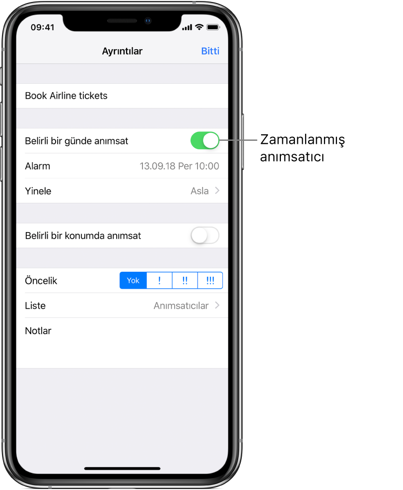 “Belirli bir günde anımsat”ın açık olduğu ve altında zamanlanmış tarih ve saat olan bir anımsatıcı ayrıntısı ekranı.