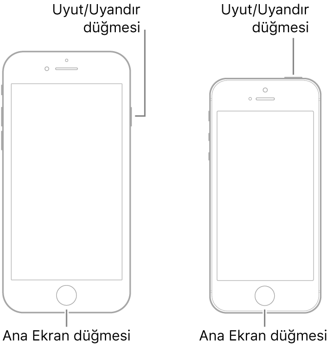 Ekranların yukarı baktığı iki iPhone modelinin gösterimi. Her ikisinde aygıtın alt kısmının yakınında Ana ekran düğmeleri var. En soldaki modelde üst kısmında yakınnda aygıtın sağ tarafında Uyut/Uyandır düğmesi var, en sağdaki modelde sağ kenarda aygıtın üst kısmında Uyut/Uyandır düğmesi var.