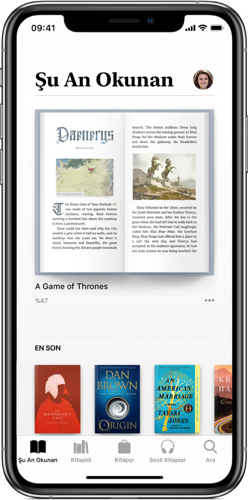 Kitaplar uygulamasında Şu An Okunan sekmesi seçili. Ekranın alt kısmında soldan sağa Şu An Okunan, Kitaplık, Kitapçı, Sesli Kitaplar ve Ara sekmeleri var.