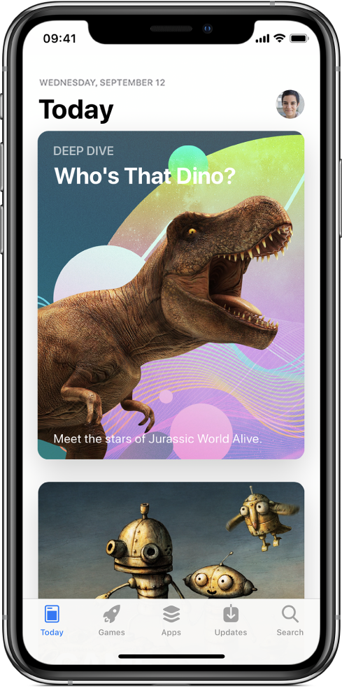 Екран «Сьогодні» App Store, на якому відображено цікаву програму. Ваше фото профілю, яке потрібно торкнути для перегляду покупок, відображається у верхньому правому куті. Унизу зліва направо розміщено вкладки «Сьогодні», «Ігри», «Програми», «Оновлення» та «Пошук».