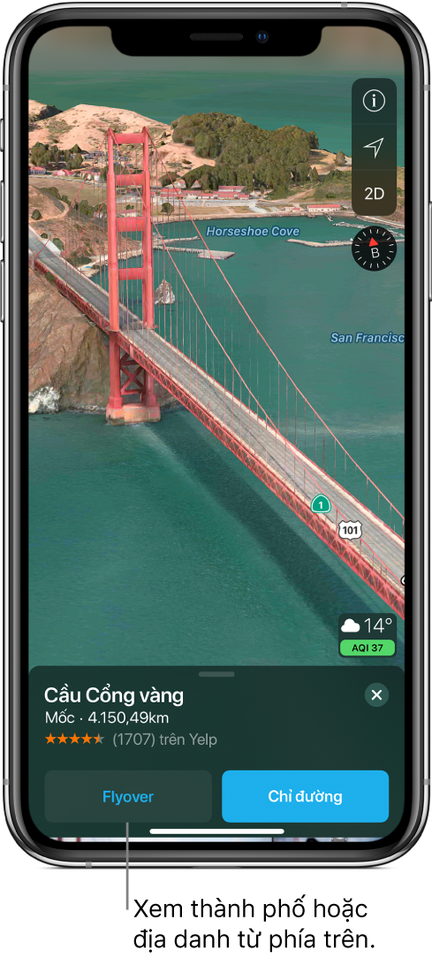 Hình ảnh một phần Cầu Cổng vàng. Ở cuối màn hình, một biểu ngữ hiển thị nút Flyover ở bên trái của nút Chỉ đường.