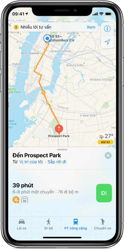 Bản đồ phương tiện công cộng của Thành phố New York đang hiển thị tuyến phương tiện công cộng giữa Phố 59 Columbus Circle và Công viên Prospect. Thẻ lộ trình gần dưới cùng cho biết tàu sắp rời đi và tàu sẽ rời 6-8 phút một lần. Nhà ga cách vị trí hiện tại 250 ft đi bộ.