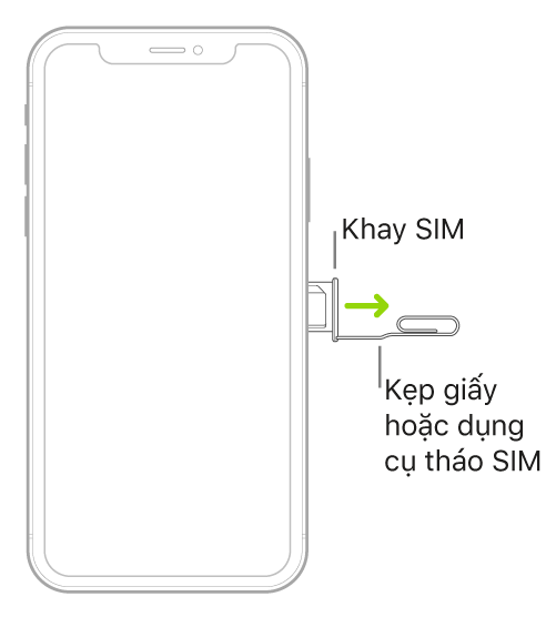 Cắm chiếc kẹp giấy hoặc dụng cụ tháo SIM vào lỗ nhỏ của khay đựng ở sườn bên phải của iPhone để tháo và lấy khay ra.