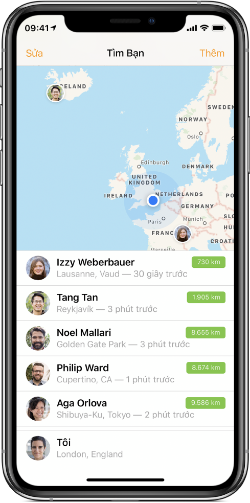Màn hình Tìm Bạn, với bản đồ ở trên cùng đang hiển thị các vị trí của bạn bè bạn và danh sách ở dưới cùng đang hiển thị các tên của bạn bè bạn, vị trí của họ cũng như khoảng cách của họ so với bạn.