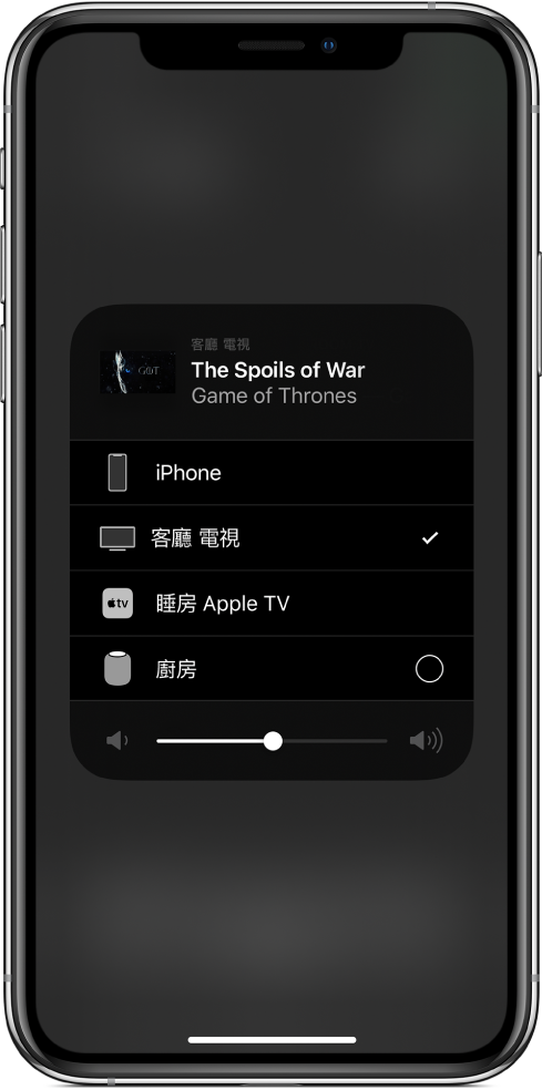  開啟的 AirPlay 視窗並顯示某個電視節目的單集標題。以下為 AirPlay 裝置的列表。已選擇客廳的電視。音量滑桿在視窗底部。