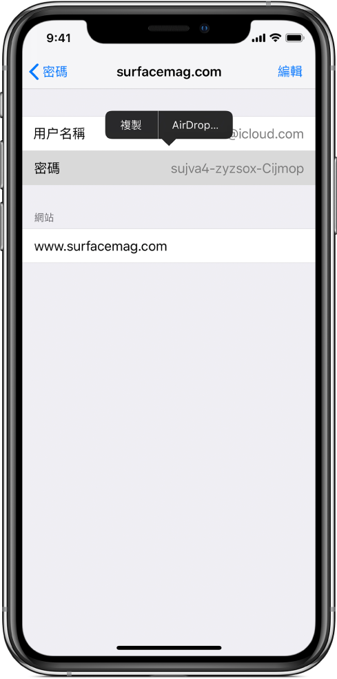 網站的帳户畫面。已選擇密碼部份，並在其上方顯示包括項目「複製」和 AirDrop 的選單。