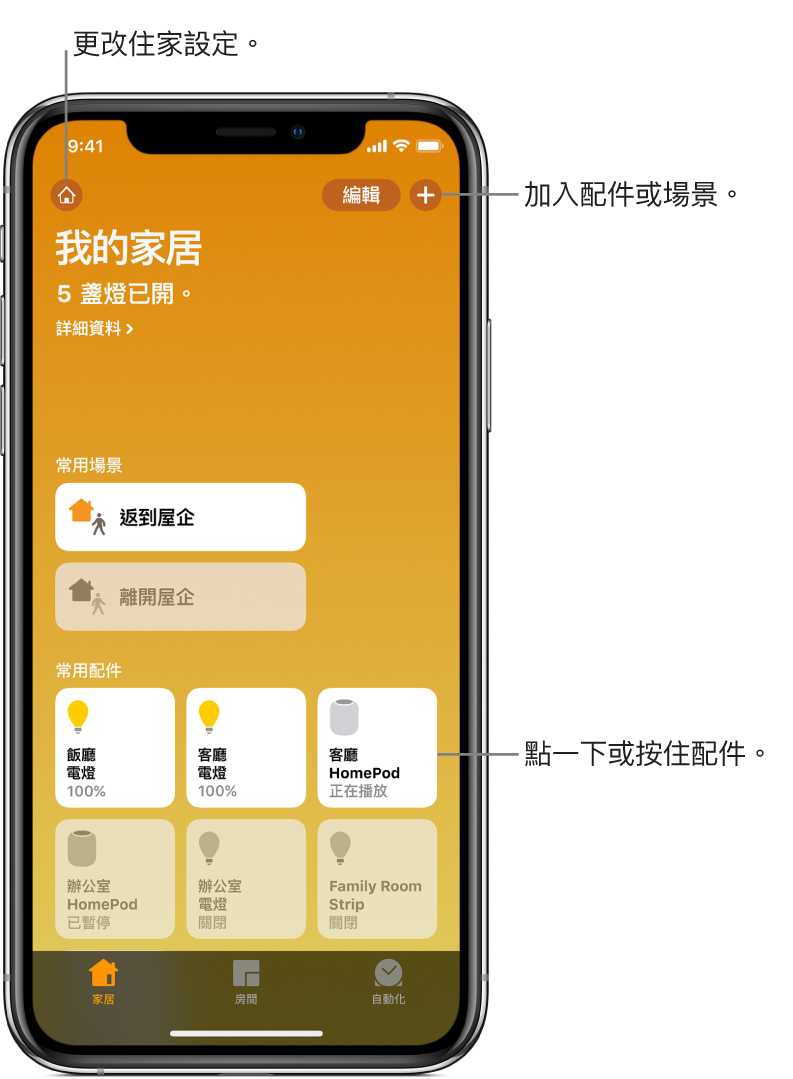 家居分頁，顯示已標記為常用項目的場景及配件。家居狀態的摘要也會顯示。底部其他分頁為「房間」及「自動化」。