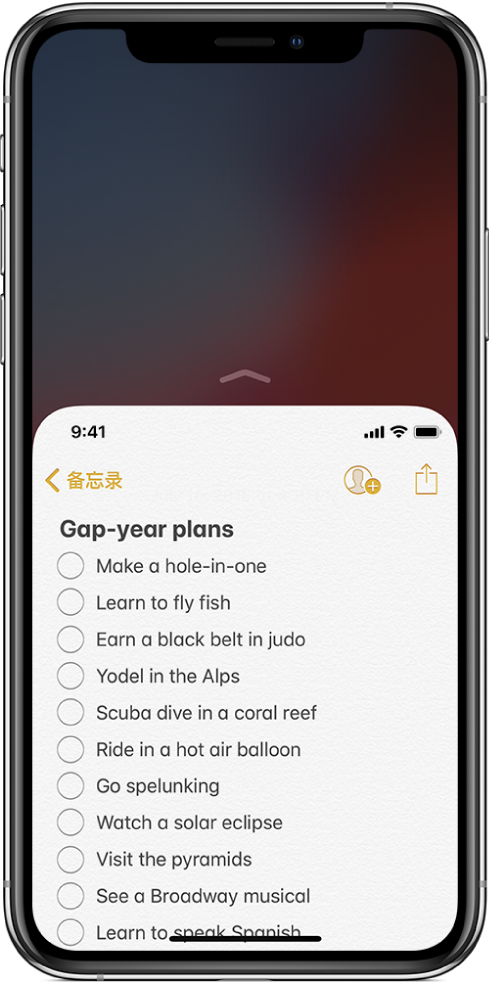 启用了“便捷访问”的 iPhone 屏幕。屏幕顶部下移，将“备忘录”应用中的列表置于您拇指容易触及的位置。