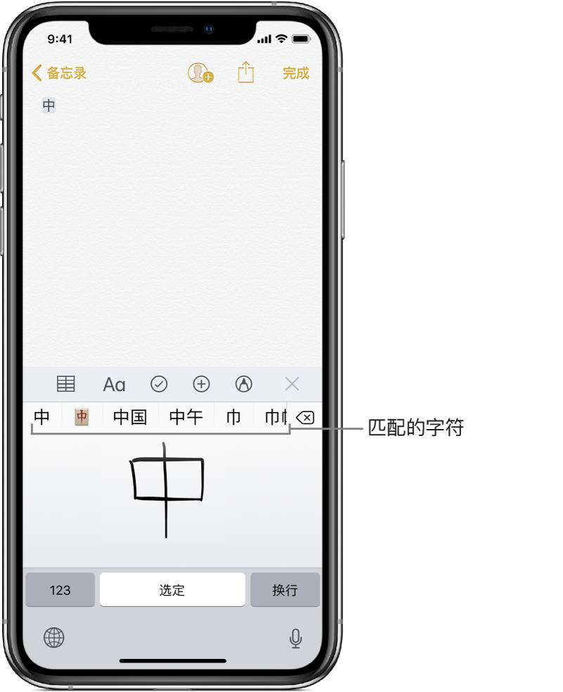 “备忘录”应用，位于屏幕的下半部分，显示有触摸板，以及手写的中文字。建议的中文字在上面，选取的中文字显示在顶部
