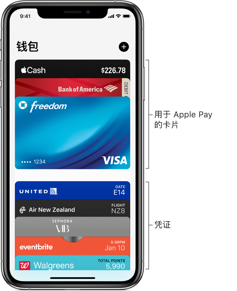 “钱包”屏幕上显示的是排列在前面的几张信用卡、借记卡和凭证。