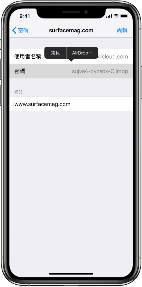 網站的帳號畫面。已選擇密碼部分，並在其上方顯示包含項目「拷貝」和 AirDrop 的選單。