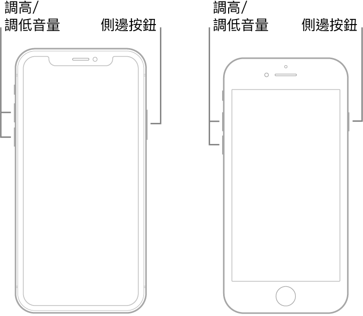 兩種 iPhone 機型正面朝上的插圖。最左方的機型沒有主畫面按鈕，而最右方的機型裝置底部附近有主畫面按鈕。兩種機型的調高和調低音量按鈕都顯示在裝置的左側，側邊按鈕則顯示在右側。