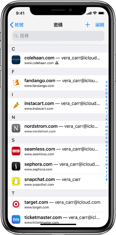 密碼畫面顯示以字母順序排列的網站和其帳號名稱列表。第一個列出的網站在 URL 旁邊包含重複使用密碼的警告標誌。