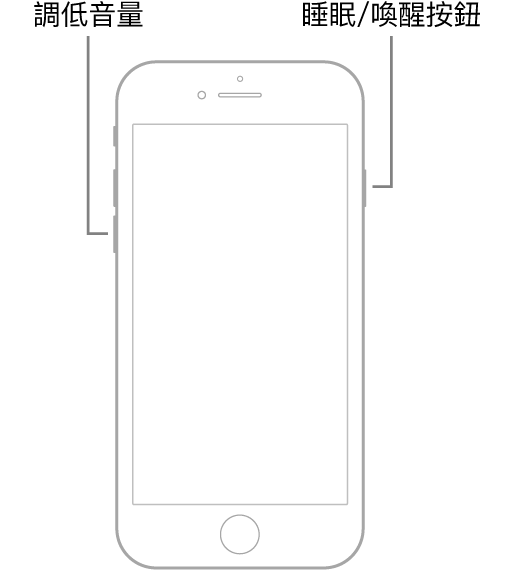 iPhone 7 正面朝上的插圖。調高和調低音量按鈕顯示在裝置的左側，睡眠/喚醒按鈕則顯示在右側。