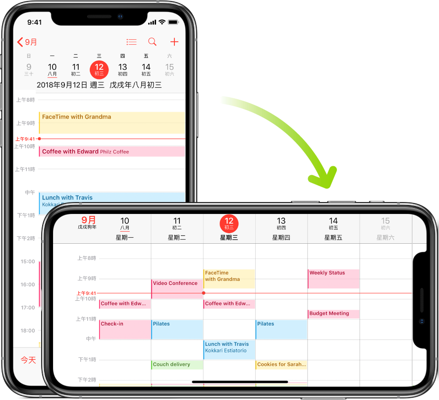 背景是 iPhone 顯示「行事曆」的畫面，其中以直向顯示一日行程；前景是 iPhone 旋轉為橫向，其中顯示包含同一天的整週「行事曆」行程。