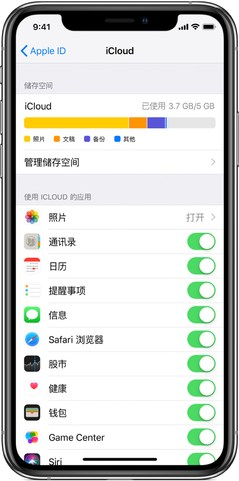 iCloud 设置屏幕，显示 iCloud 储存空间指示器和可配合 iCloud 使用的应用及功能的列表，包括“邮件”、“通讯录”和“信息”。