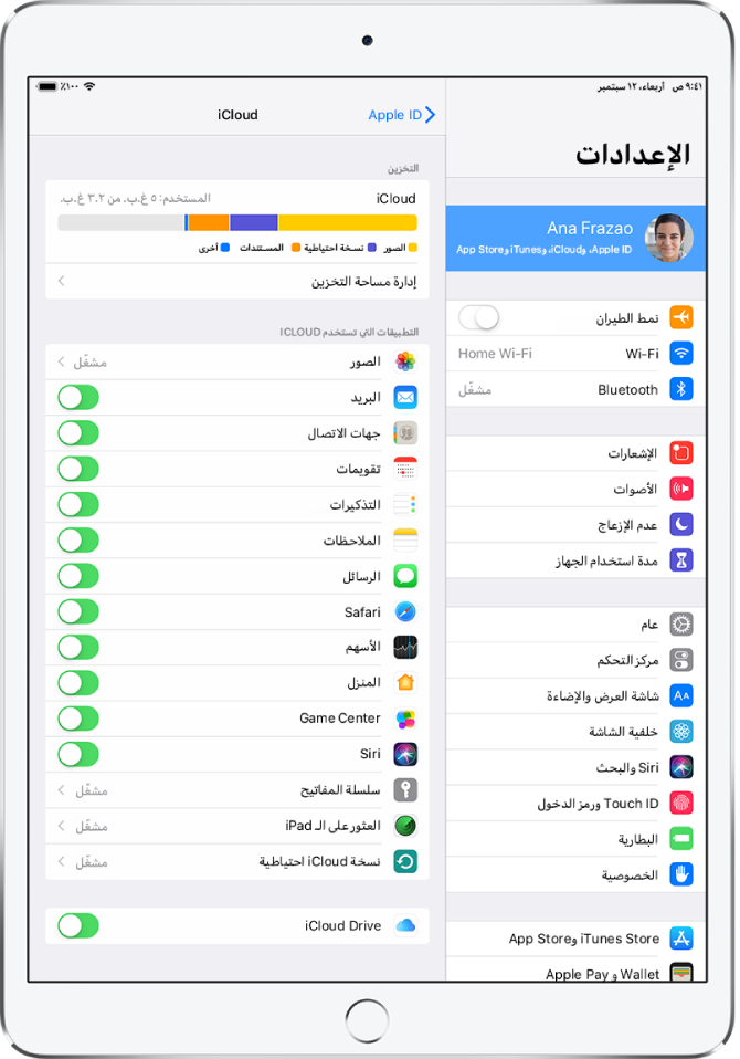 شاشة إعدادات iCloud ويظهر بها مقياس مساحة تخزين iCloud وقائمة من التطبيقات والميزات، مثل البريد وجهات الاتصال والرسائل، والتي يمكن استخدامها مع iCloud.