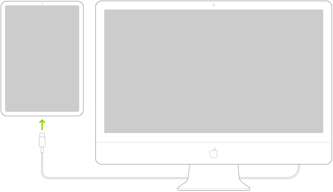 iPad připojený k Macu pomocí nabíjecího kabelu USB-C