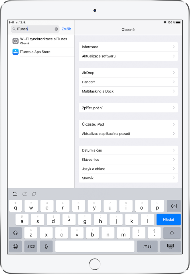 Obrazovka hledání v nastavení s vyhledávacím polem vlevo nahoře. Vyhledávací pole obsahuje hledaný řetězec „iTunes“ a pod ním se zobrazují dvě nalezené položky nastavení.