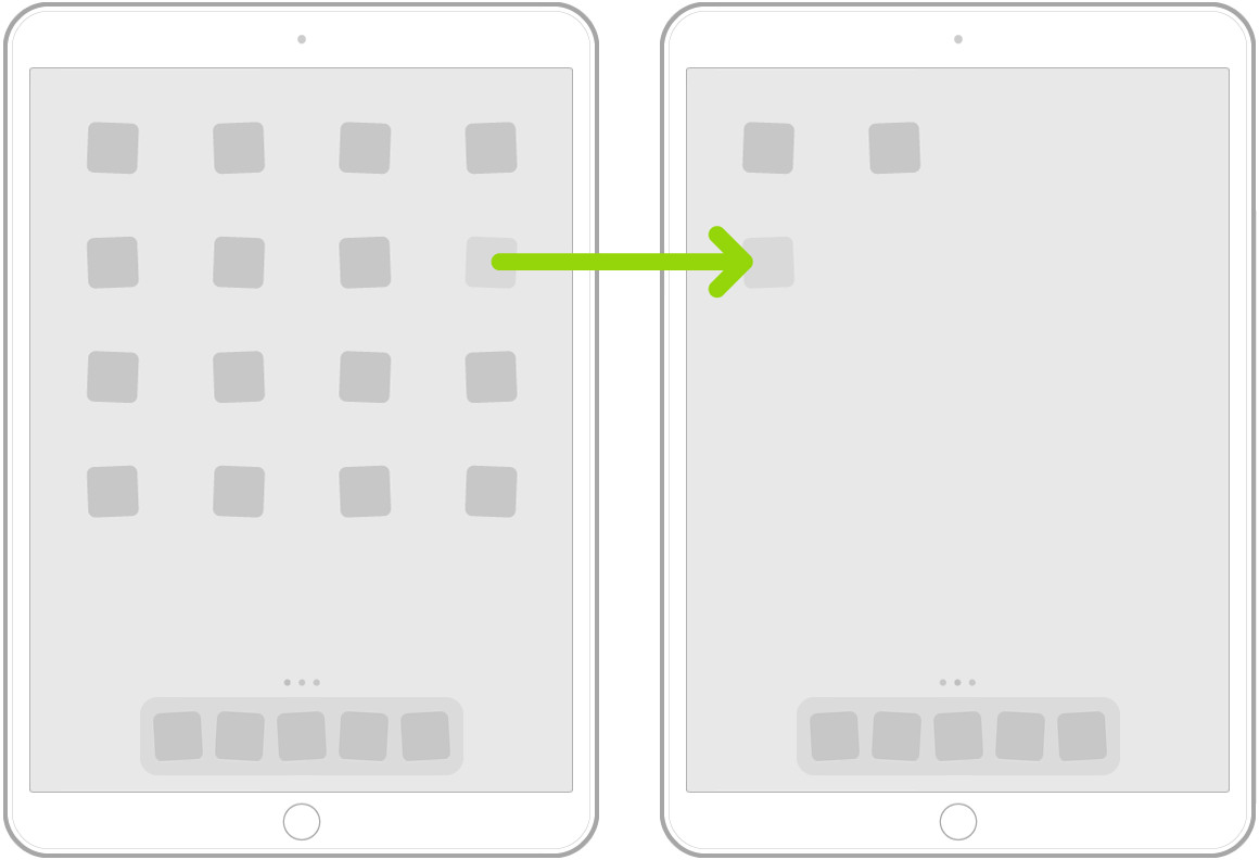 Třesoucí se ikony na ploše se šipkou, která naznačuje přetažení jedné z aplikací na vedlejší stránku